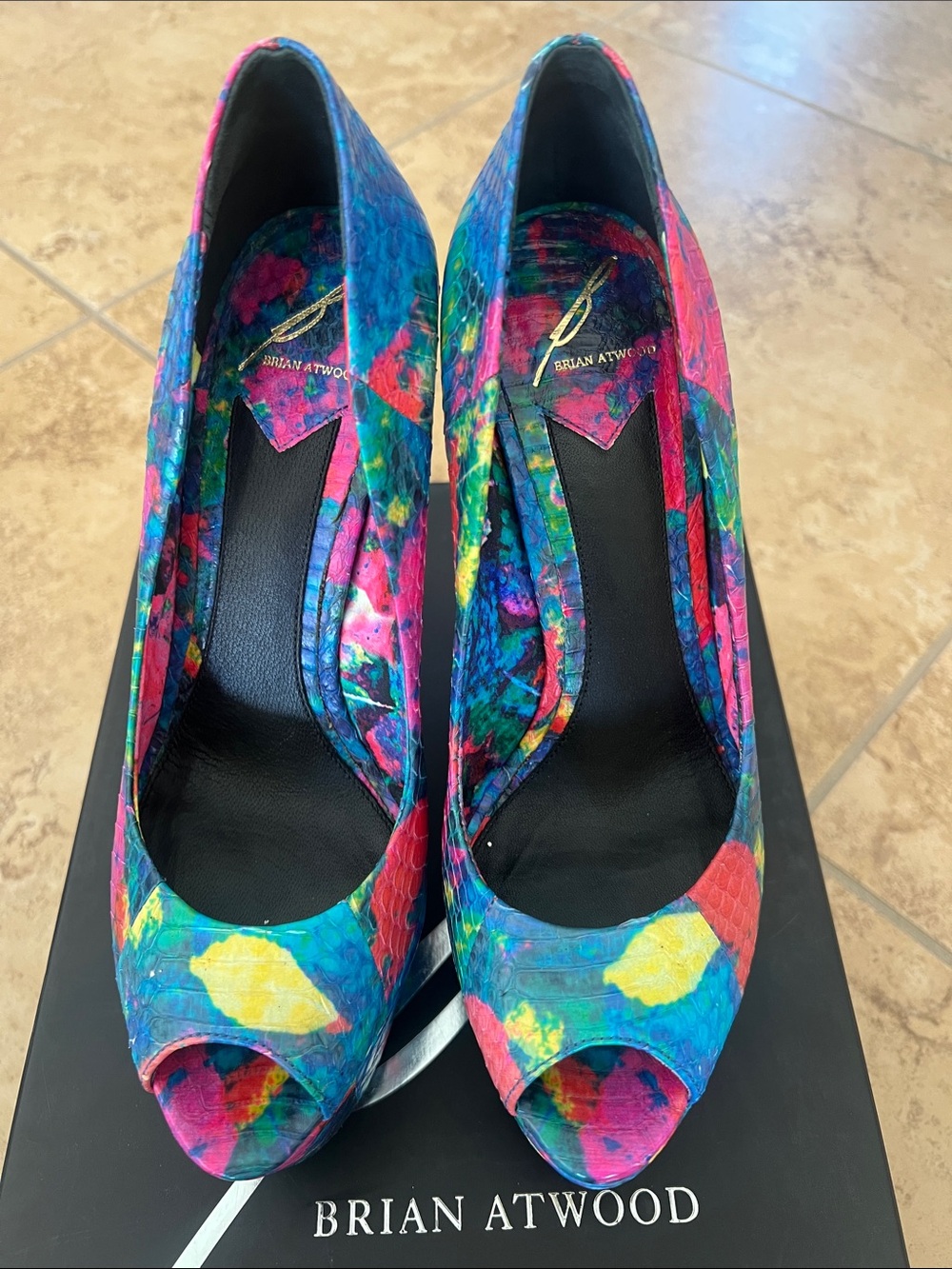Brian Atwood Multicolor Peep-Toe Pumps in Blue, Pink, Yellow & Green